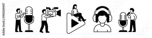 Set of black and white vector icons for media production, podcasting, and content creation. Features illustrations of people with microphones, cameras, and headphones in a minimalist style.