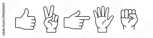 Collection of minimalist hand gesture icons in black line art. Includes thumbs up, peace, pointing, palm, and fist symbols for communication and UI design.