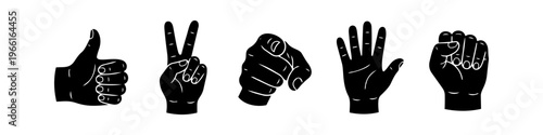 Set of black hand gesture icons including thumbs up, peace sign, pointing finger, open palm, and fist. Minimalist silhouette vector illustration isolated on white background.