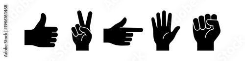Set of five black hand gesture silhouettes including thumbs up, peace sign, pointing, open palm, and clenched fist. Minimalist vector icons for social media, communication, and UI design elements.