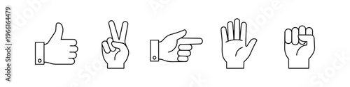 Set of minimalist black outline hand gesture icons including thumbs up, peace sign, pointing, open palm, and fist. Clean vector line art for communication, interface design, and web elements.
