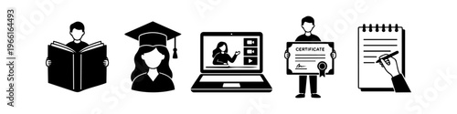 Set of education icons including online learning, graduation, reading, and writing. Black and white vector illustrations for school, university, and distance education concepts.