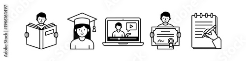 Vector set of minimalist line icons for education and online learning, featuring student graduation, reading, laptop courses, certificates, and writing on a notepad.
