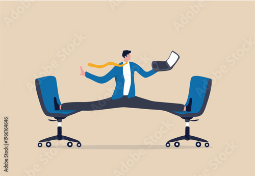Flexible work, let employee manage their working time to finish project concept, smart relax businessman working with laptop computer stretching his leg between chairs balance like yoga