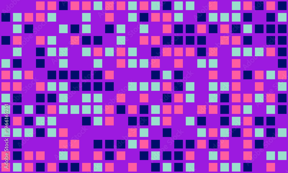 Fototapeta premium Vibrant abstract mosaic pattern featuring pink, purple, blue, and dark squares. Perfect for backgrounds, website design, textile prints, and modern presentations.