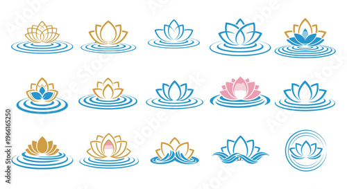 Collection of lotus flower icons in various colors.