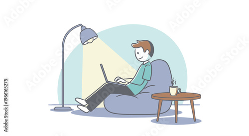 A man sitting on a beanbag chair working on laptop at home.