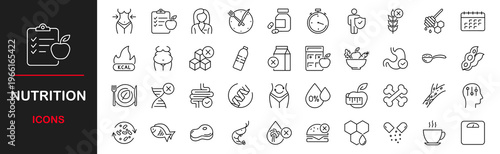 Nutrition web icons set. Healthy food - simple thin line icons collection. Containing detox, diet, fat, protein, vegetables, fruit, carbohydrates, sugar and more. Simple web icons set