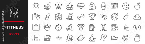 Fitness web icons set. Sport and fitness - simple thin line icons collection. Containing gym, healthy lifestyle, exercise, diet, weight training, body care, workout and more. Simple web icons set