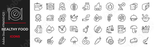 Healthy Food web icons set. Organic Food - simple thin line icons collection. Gluten lactose, and sugar free, not GMO, palm oil, diet and more. Simple web icons set