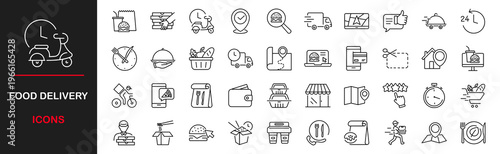 Food delivery web icons set. Restaurant food delivery - simple thin line icons collection. Containing is food box, courier on bike, door contactless delivery, fast food, dinner. Simple web icons set