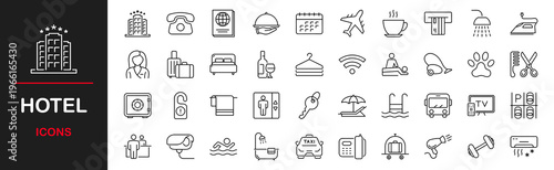 Hotel web icons set. Hotel and vacation - simple thin line icons collection. Containing hotel services, relax, travel, service, room, booking, facilities  and more. Simple web icons set