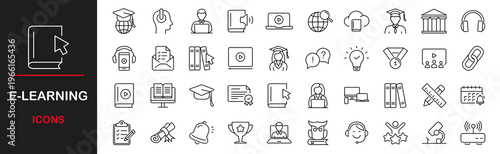 E-learning web icons set. Online education - simple thin line icons collection. Containing video tuition, digital education, learning, online course, website, webinar and more. Simple web icons set