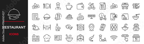 Restaurant web icons set. Food and drinks - simple thin line icons collection. Containing meal, restaurant, dishes, fruits and more. Simple web icons set