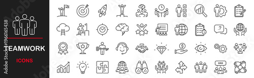 Business teamwork web icons set. Team work - simple thin line icons collection. Containing Co-worker, work group cooperation and collaboration, team building, and human resources and more