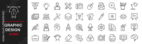 Graphic design web icons set. Web design - simple thin line icons collection. Containing creative process, paintbrush, prepress, palette,  digital creative tool, layout and more. Simple web icons set
