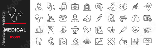 Medicine and Health web icons set. Medical - simple thin line icons collection. Containing Healthcare, emergency, medical equipment, doctor, prescription, virus and more. Simple web icons set