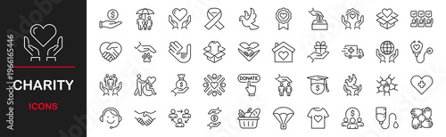 Charity web icons set. Charity and Donation - simple thin line icons collection. Containing Donated, help, assistance, volunteer, charity and more. Simple web icons set
