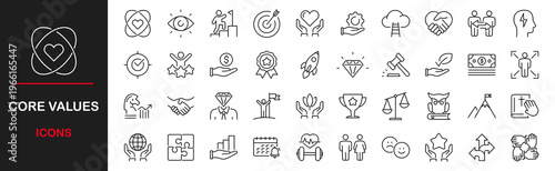 Core values web icons set. Core value - simple thin line icons collection. Containing goals, responsibility, performance, accountability, will to win, quality, teamwork and more. Simple web icons set