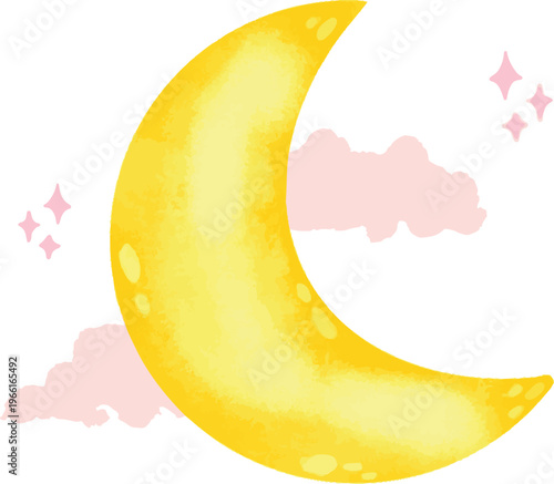 Crescent, Half moon pastel night sky illustration with pink clouds and stars on white background - stock vector