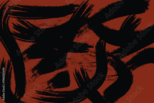 Abstract expressionist digital painting featuring bold black brushstrokes on a vibrant red background Vector