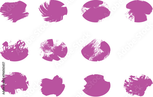 Collection of bright magenta paint brush strokes and splatters on a white background. Vector