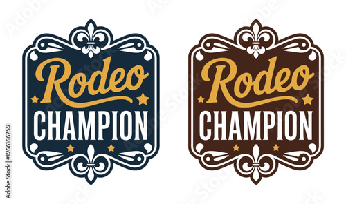 Rodeo champion western badge design, vintage cowboy emblem with belt buckle, bull riding symbol and decorative typography for posters, logos and apparel prints.