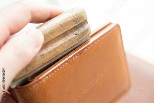 Hand using a wooden edge slicker to burnish the edge of a handcrafted brown leather wallet