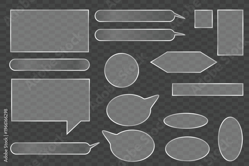 Various gray comic speech bubbles and geometric frames isolated on a dark gray background. Vector