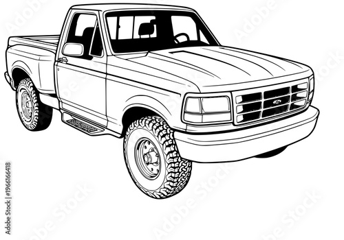 Classic Regular Cab Pickup Truck Line Art Vector Illustration