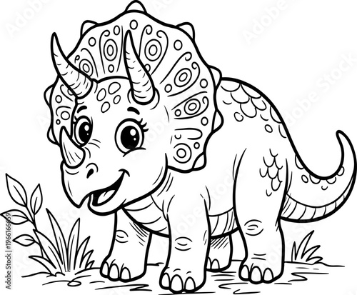 Cute triceratops dinosaur coloring page vector, cartoon prehistoric animal with decorative patterns, black and white line art for kids activity