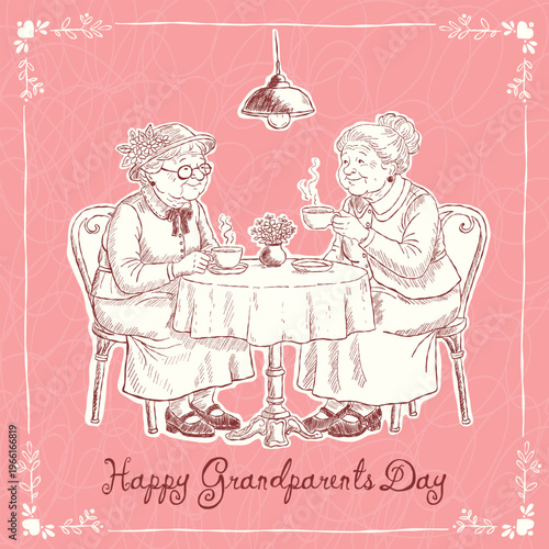 A cozy warm illustration featuring two elderly women enjoying tea together, designed in a delicate hand-drawn vintage style for Grandparents Day cards, greeting cards, and heartfelt designs