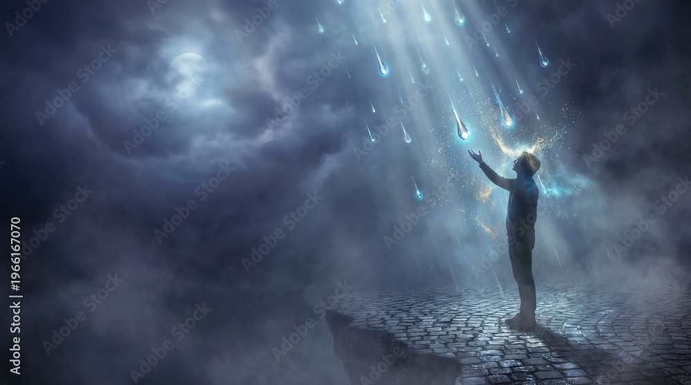 Fototapeta premium Man reaching up to catch glowing raindrops under a stormy, moonlit sky