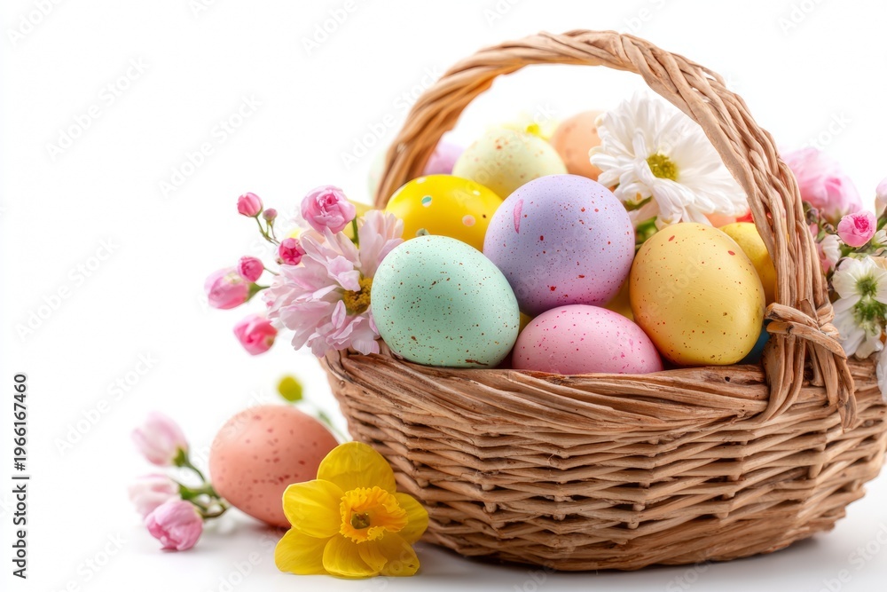 Obraz premium Colorful Easter Eggs in a Wicker Basket With Flowers for Spring Celebration