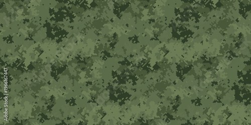 Abstract digital camouflage pattern in muted greens. Seamless texture ideal for backgrounds, textiles, military or outdoor themes.  Evokes feelings of concealment, strategy, and nature.
