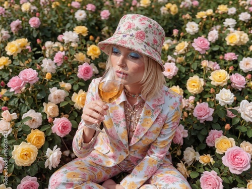 Stylish woman in floral suit and hat sipping champagne and smiling in a blooming rose garden. Elegant fashion portrait blending luxury lifestyle, spring flowers and romantic aesthetic.