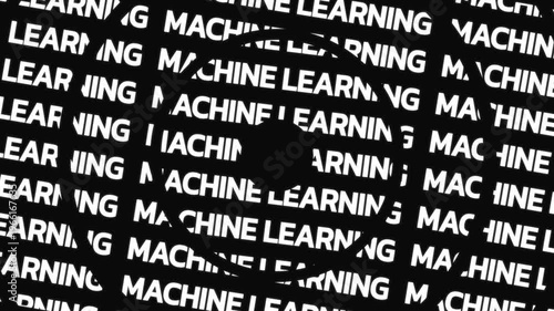 Rotating circular text animation displaying machine learning term arranged in concentric motion with central empty space for overlay content.