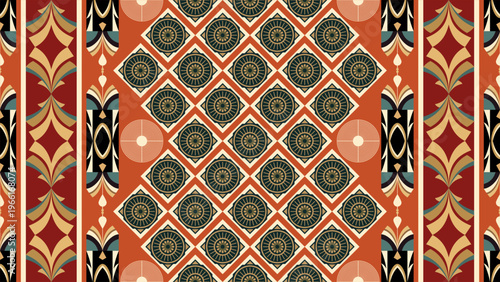 Vibrant Modern Art Deco Seamless Pattern with Golden Rosette and Diamond Motifs on Terracotta Red Background Vector