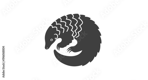 Black and White Pangolin Illustration Curled Up.
