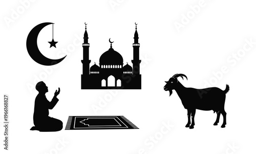 Eid al Adha celebration silhouette vector illustration with mosque crescent moon and goat