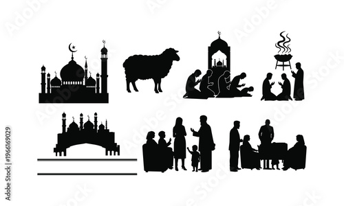 Eid al adha celebration, muslim people praying, mosque silhouette, ramadan festival vector illustration