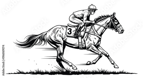 Racehorse and jockey wearing number three saddle cloth gallop at full speed across rough grassy terrain toward victory.