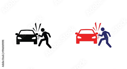 Car accident icons show stylized figures being struck by vehicles in black and red color variations for hazard warnings.