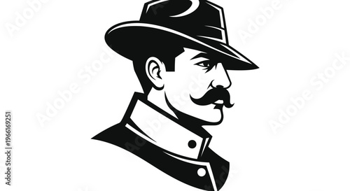 The gentleman detective's profile portrait features a sharp mustache and fedora hat, suggesting mystery, investigation, and classic film noir.
