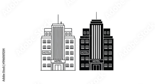 Two stylized art deco hotel building facades are shown side by side in black line work and solid black fill variations.