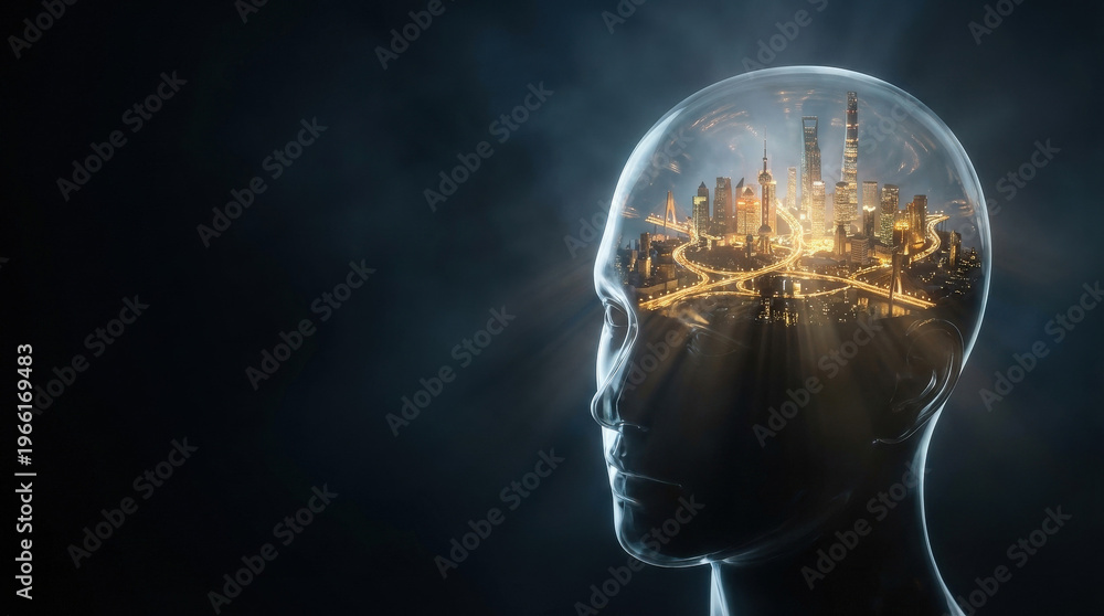 Obraz premium Transparent human head silhouette reflecting a glowing, modern cityscape at night
