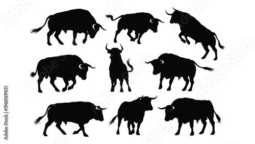 Silhouette collection of nine bulls in various poses against a white background
