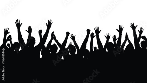 A large group of silhouetted people with arms raised in a celebratory gesture