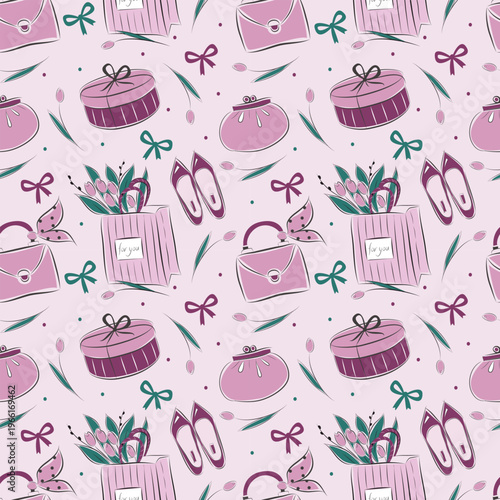 Vector seamless background with a bouquet of tulips, handbag, shoes, gifts. Flat style, sketch effect. Specially designed for wrapping paper, postcards and packaging.