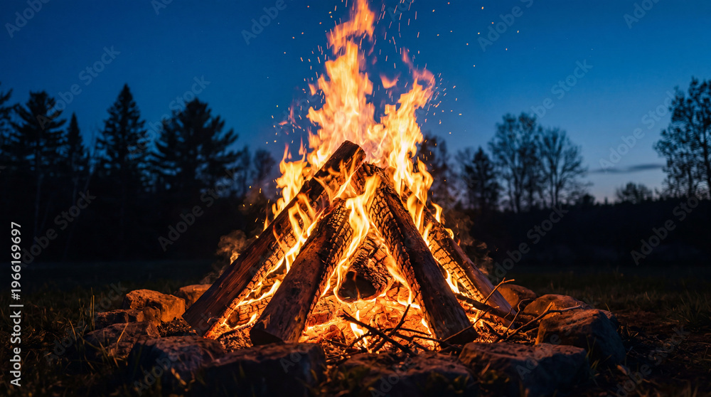 Fototapeta premium A bright and warm campfire burns vigorously in a stone ring at dusk with trees in the background
